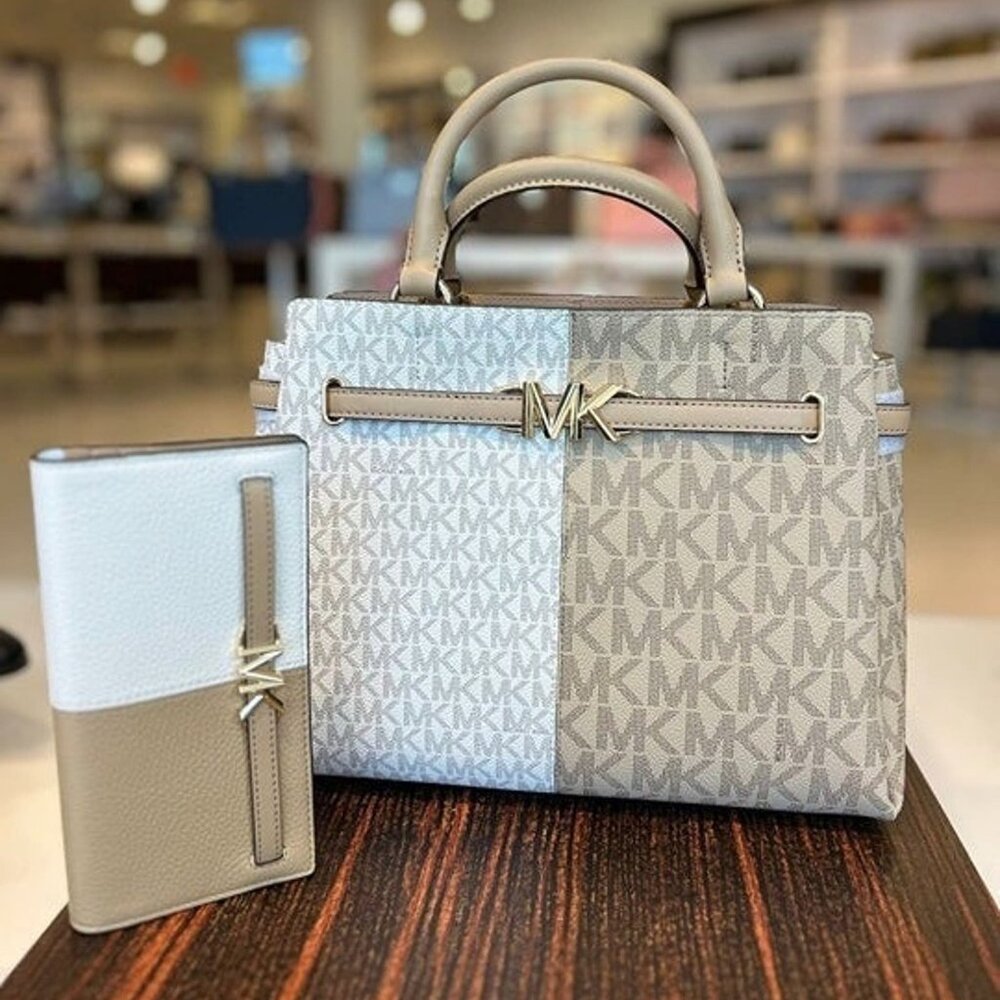 Michael Kors Satchel Reed Large Belted Purse & LG Snap Wallet Bundle Camel Multi